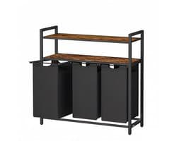 Wasmand 3-vaks kledingopslagrek met 3 uitneembare en afneembare 40L binnenzakken en 2-laags opbergplanken eenvoudig te monteren en te reinigen stevig en duurzaam metalen frame geschikt voor badkamer en wasruimte 92.5 x 33 x 92 cm bruin + zwart