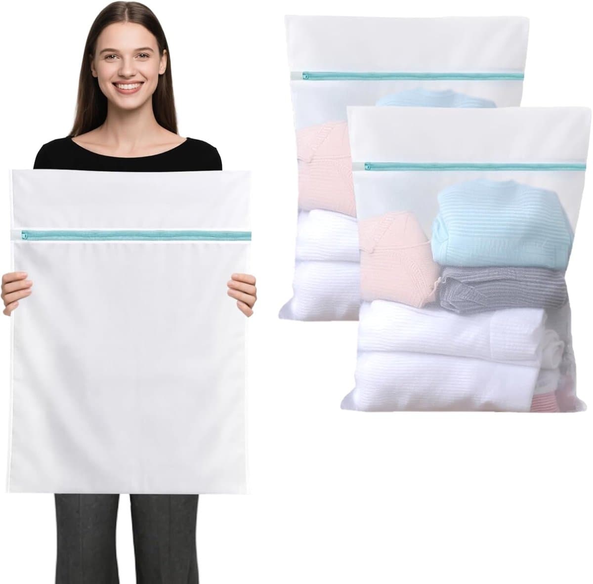 2 x Wasmachine Net XL 60 x 80 cm - Waszakken met Rits - Robuust Net voor Gordijnen - Jassen - Beddengoed - Tapijt - Servies — afbeelding 1