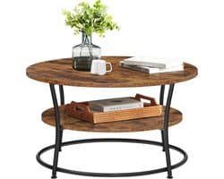 VASAGLE Salontafel rond, Woonkamertafel, Sofatafel met plank, 80 x 45 cm, Gemakkelijke montage, Metaal, Industrieel ontwerp, vintage bruin-zwart LCT80BX
