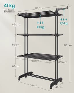 CreateEcom wasrek - droogrek - inklapbaar - kledingrek - droogstandaard - 4 niveaus - op wieltjes - 63,5x125,5x173 cm - zwart — thumbnail 2