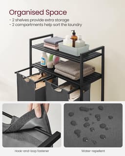 Vasagle Laundry basket, laundry sorter with 2 pull-out and removable pockets, 2 shelves, 46 l capacity per bag, for laundry room, black and grey BLH211G01 — thumbnail 2