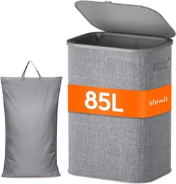 Smalle Wasmand 85L met Deksel – Opvouwbare Wassorteerder met Kunststof Frame – Grote Wasverzamelaar voor Slaapkamer & Badkamer – Grijs — thumbnail 1