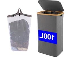 Wasmand met Deksel - Smalle mand - Kleding Opbergen - Verwijderbare Binnenzak - 100 Liter - Grijs