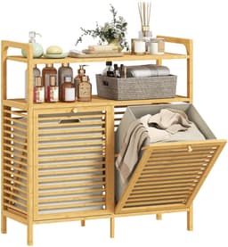 Roossentials Wasmand kast - Badkamer kast - - Wassorteerder - Wasmand meubel - Waszak - Met 2 Afneembare en Wasbare Kledingzakken - Bamboe — thumbnail 1
