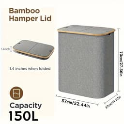 Seth Select Grote Wasmand 150 Liter – Dubbele Sorteermand – Met Bamboe Handgrepen – Grijs — thumbnail 4