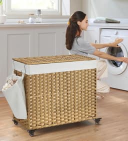 Lifero Wasmand - Verrijdbare Wasmand - Wasmand met Deksel - 160 Liter - Rotan Wasmand - 3 Vakken voor Verschillende kleuren — thumbnail 2