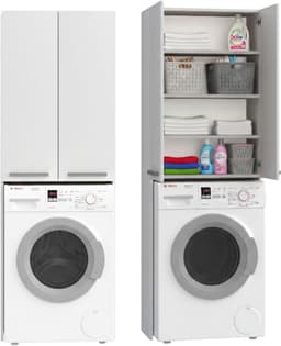Home Collective Wasmachinekast, wit, hangkast, badkamerkast, hoge kast, badkamerrek, wasmachine droger kleine deuren 64 x 183 x 30 cm (B x H x D) — thumbnail 2