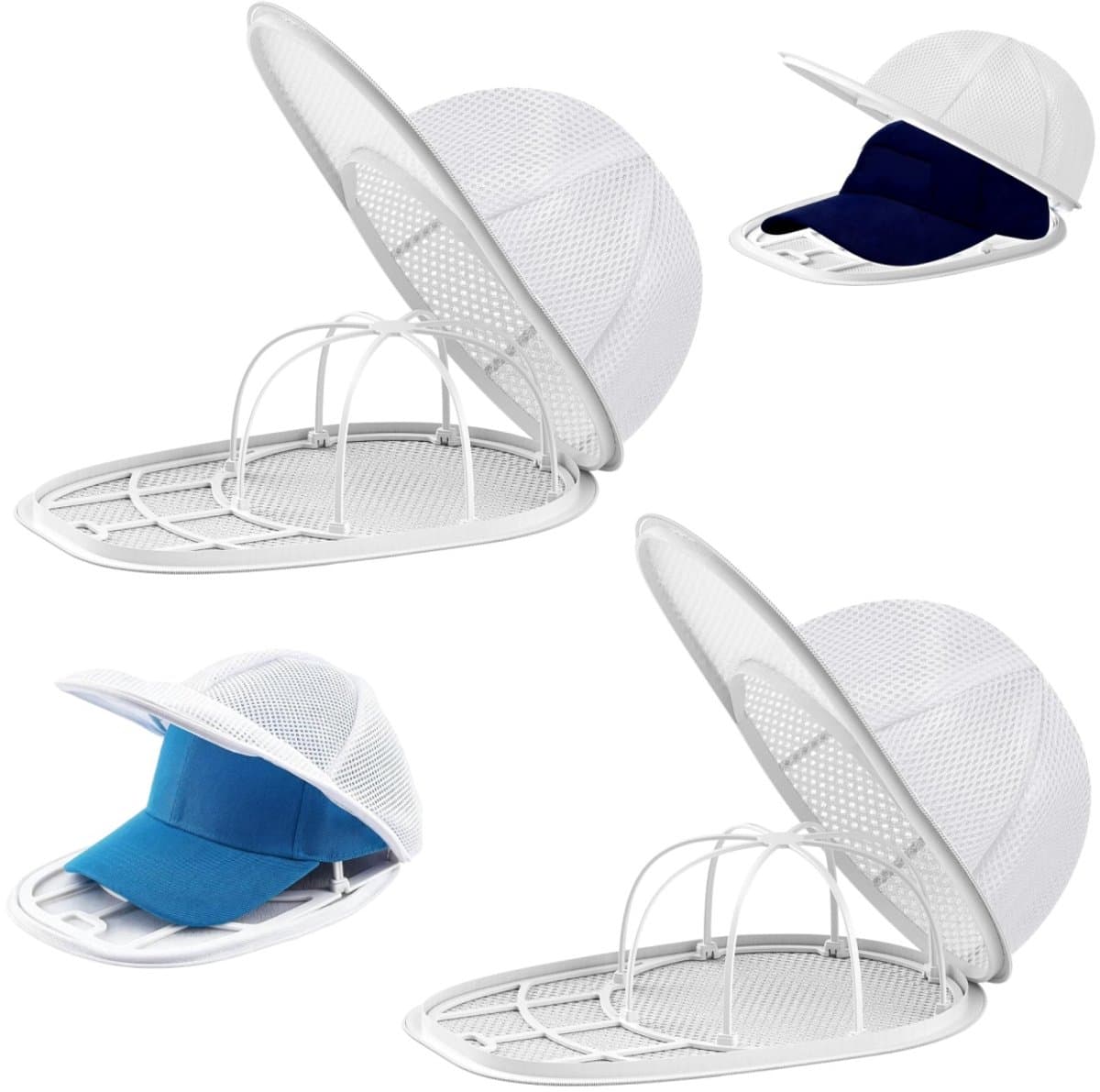 2-delige hoedenrek - Wasrek voor baseballpetten - Gebogen hoedenrek - Inclusief waszak met ritssluiting - Voorkomt vervorming van de hoed - Wasaccessoire - Geschikt voor hoeden met een hoofdomtrek van 53 cm (34 x 24,5 cm - Wit) — afbeelding 1