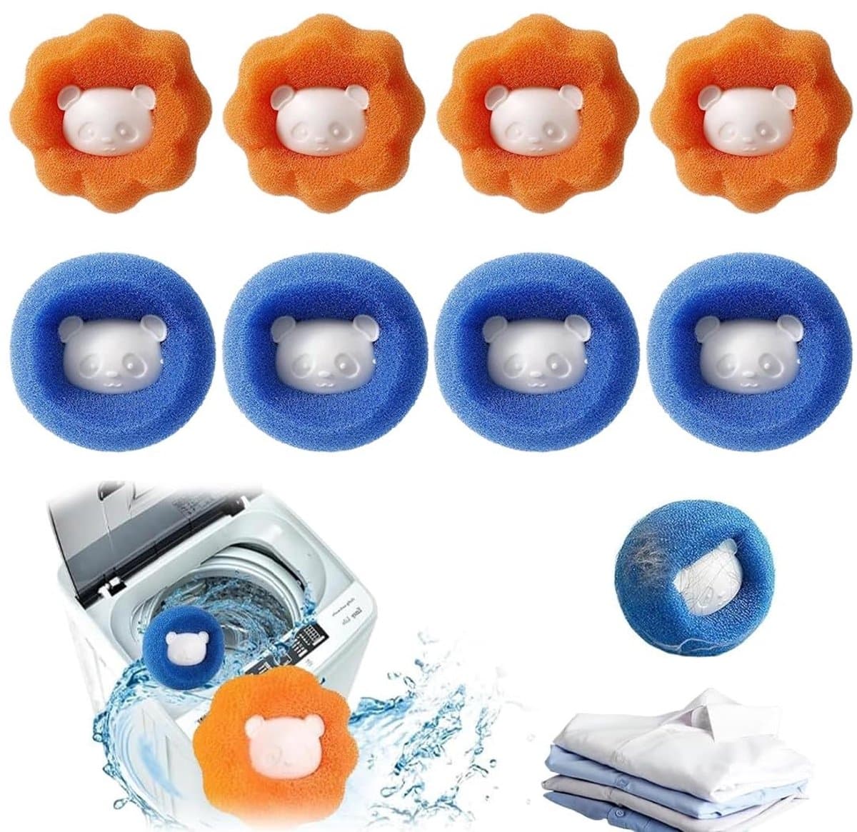 Dailygoody - Haarvanger wasmachine - Herbruikbaar - Anti-klitten - 8 stuks - Wasbal voor honden en katten - Beschermt wasgoed - Kleur blauw en sinaasa — afbeelding 1