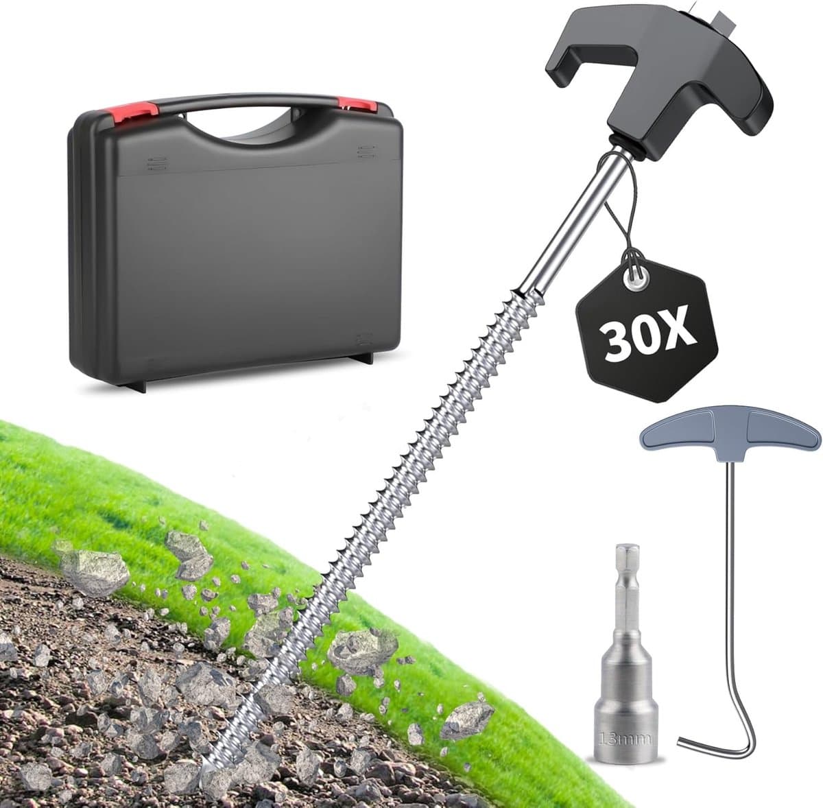 Set 30 zwarte/zilveren 25cm stalen tentpinnen in opbergdoos – compleet met boormachine en spijkertrekker voor camping en harde grond — afbeelding 1