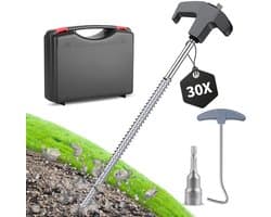 Set 30 zwarte/zilveren 25cm stalen tentpinnen in opbergdoos – compleet met boormachine en spijkertrekker voor camping en harde grond — afbeelding 1