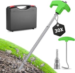 Set 30 groen/zilveren 25cm campingtentpinnen in doos – inclusief boor en trekker voor gras en vaste ondergronden — thumbnail 1