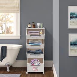 Wasmand met wieltjes - Wassorteerder opbergbox - Ruimtebesparend sorteren - Vier praktische niveaus - 110 cm hoog - Wit grijs — thumbnail 5
