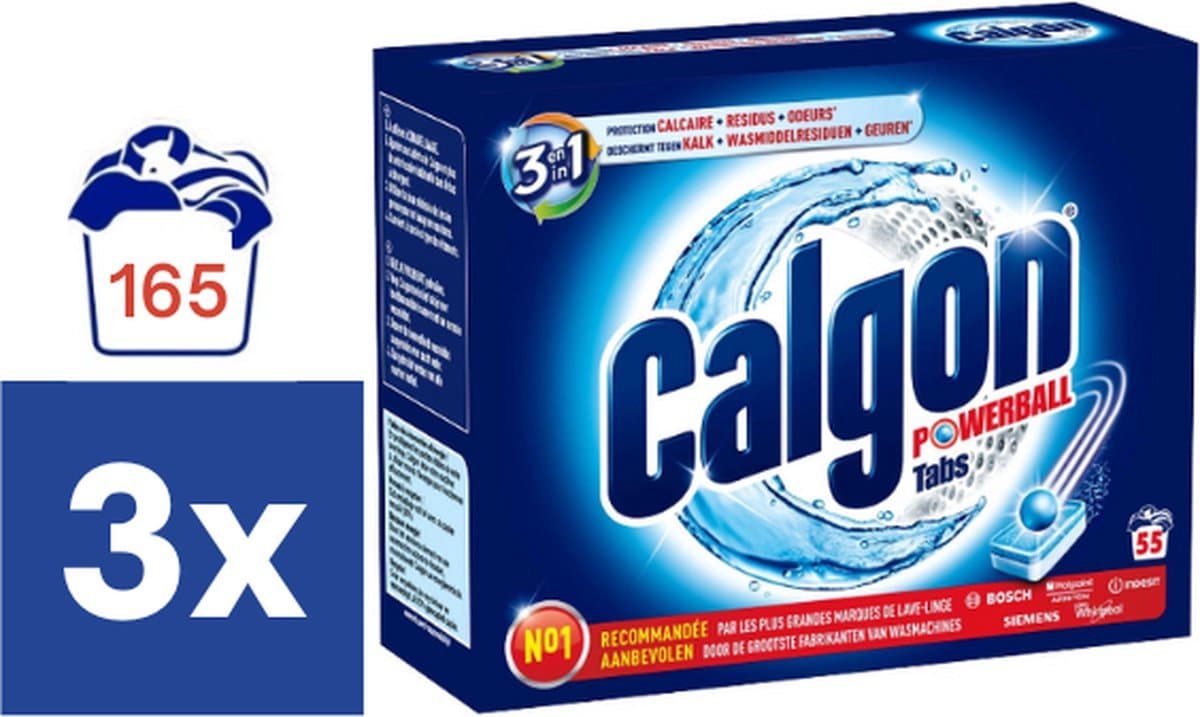 Calgon 3 in 1 Powerball Tabs Wasmachine Reiniger en Anti kalk -  3x 55 Tabletten - 165 Tabletten — afbeelding 1