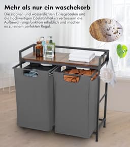Wasmand met 2 Vakken - 92 Liter - Industrieel Wastsysteem met Houten Plank & Metaal Frame - Uitschuifbaar & Op Wielen - Wasmand voor Badkamer & Slaapkamer - 73x30x74 cm — thumbnail 5