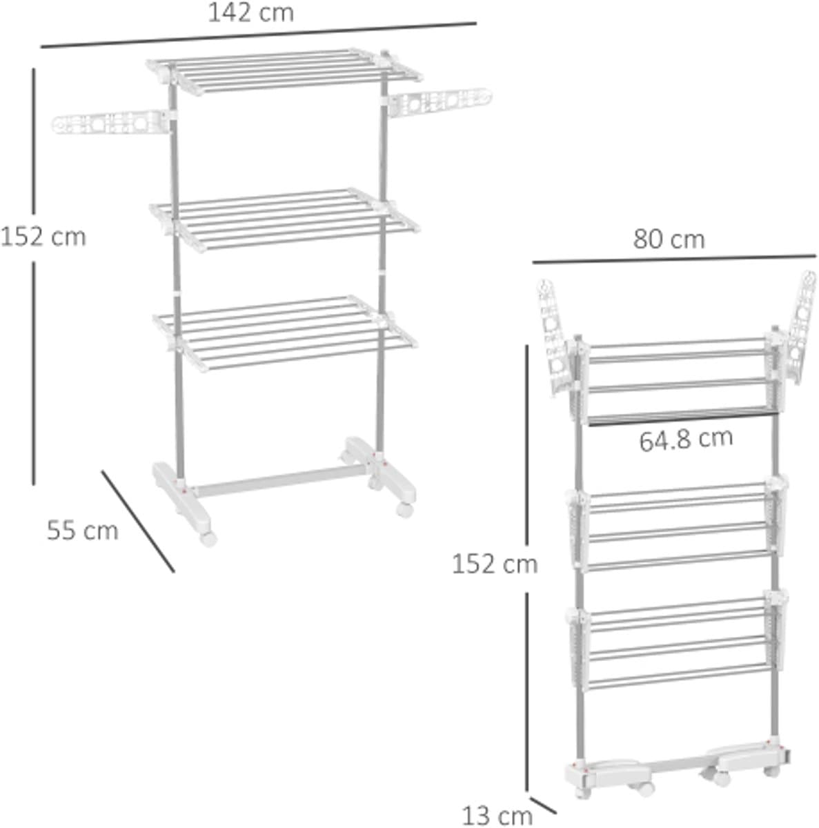 Droogrek 3 lagen inklapbaar met wielen 80-142 cm, wasrek verstelbaar, ruimtebesparend voor binnen en balkon — afbeelding 1
