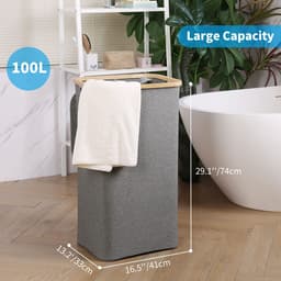 Wasmand Wasmand Met Deksel – 100L Grote Opslagcapaciteit – Opvouwbare Waszak Van Oxford Stof – Bamboe Wasbox Met Handgreep – Met Uitneembare & Wasbare Binnenzak – Grijs/Zwart – Voor Slaapkamer, Badkamer & Wasruimte — thumbnail 2