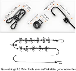 Dailygoods- Waslijn Draagbaar - Oprolbaar - Elastisch - 12 Klemmen - Uittrekbaar 180/360 cm - Lichtgewicht en Compact - Reiswaslijn — thumbnail 3