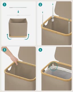 Emvae Wasmand - Smalle Wasbox met Deksel en Uitneembare Waszak - Compact - 65L - Oxford Stof/Bamboe - Beige — thumbnail 5