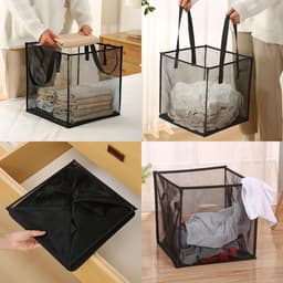 Opvouwbare Wasmand - Ademende Mesh Stof - Inklapbaar Lichtgewicht Waszak - Voor Badkamer, Slaapkamer, Studentenhuis - 33x33 cm - Zwart — thumbnail 3