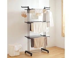 Dailygoods Opvouwbaar droogrek met wielen, roestvrijstalen droogrek met grote capaciteit, drielaagse opvouwbare vleugels — afbeelding 1