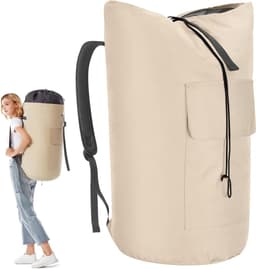 Grote Waszak voor Vuil Wasgoed 115L - Vouwbare Opbergzak met 2 Verstelbare Schouderbanden en Duffle Rugzak Functie (Beige) — thumbnail 1