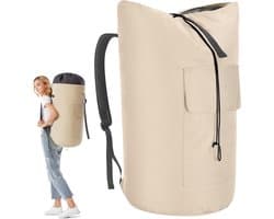 Grote Waszak voor Vuil Wasgoed 115L - Vouwbare Opbergzak met 2 Verstelbare Schouderbanden en Duffle Rugzak Functie (Beige)