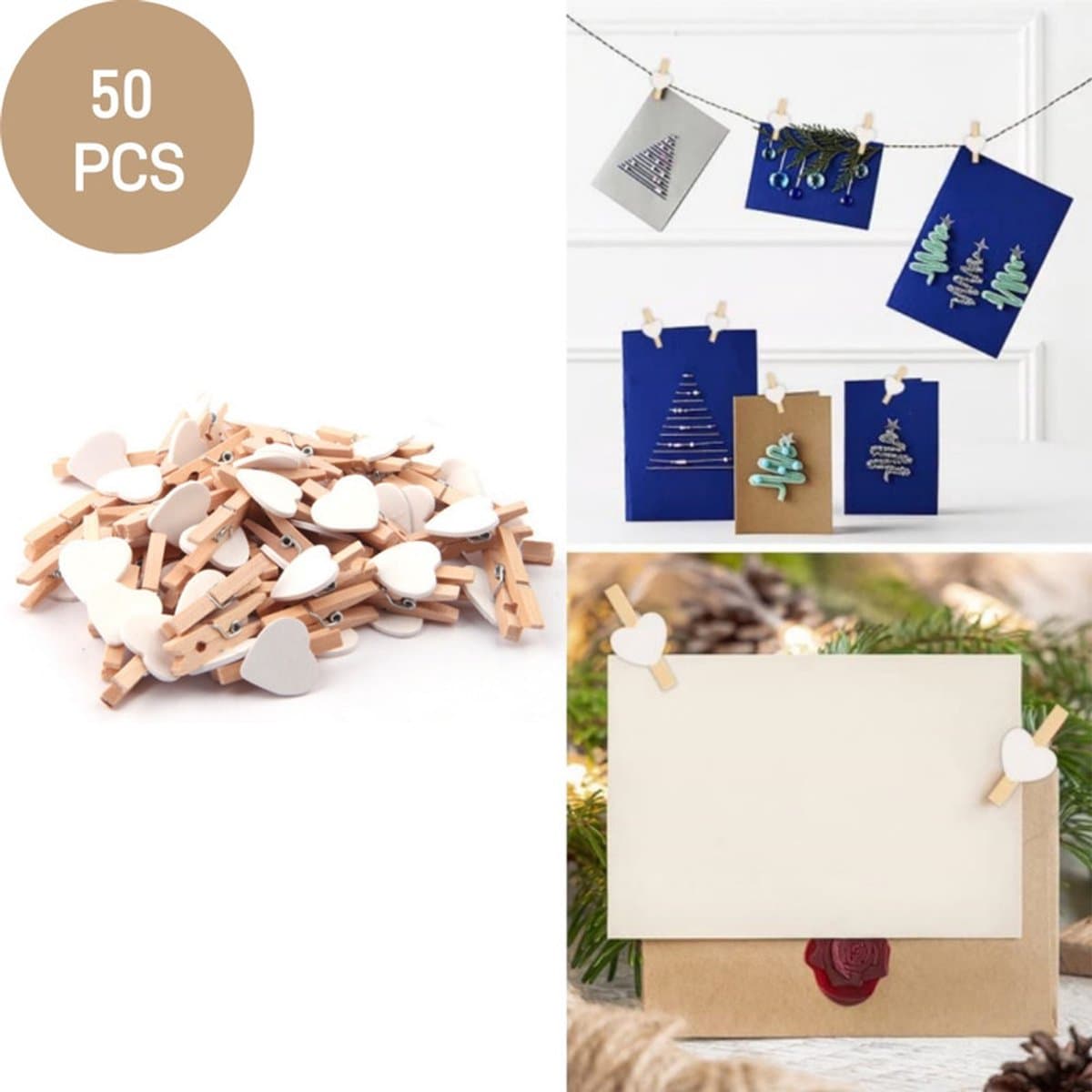 50 stuks - Hartvormige wasknijpers - Houten hartvormige wasknijpers - Houten fotopaperclips - Decoratieve clips - Hobbyclips - Wit - 3 cm - Voor het ophangen van papieren foto's en bruiloftsdecoraties — afbeelding 1