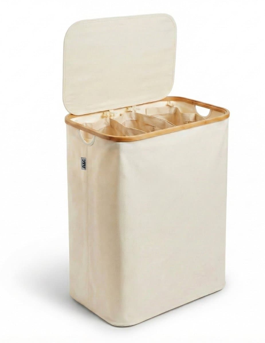 Alles & Co. XXL Wasmand 141 Liter - 3 Vakken Wassorteerder - Met Uitneembare Waszakken - Bamboe & Beige — afbeelding 1