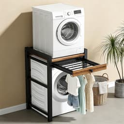 Wasmachinekast met uittrekbare handdoekenrek - Wasmachine/droger combo, met een plank boven de wasmachine, 300 kg laadvermogen, 75 x 65 x 104 cm, zwart — thumbnail 1