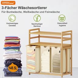 Wasmand met 3 vakken - Sorteren Kleding - Huishoudelijk Organiseren - Dubbele etage ontwerp - 148 Liter - Beige — thumbnail 3
