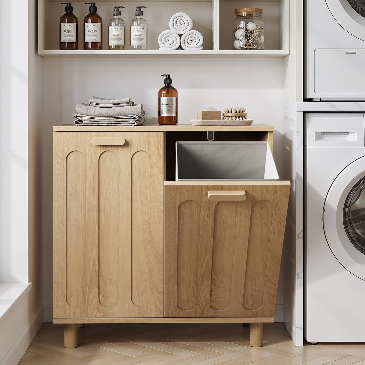 Pugsdrly Kantelbare wasmand met uitneembare wasmand, verborgen wasmand, opbergkast voor de badkamer, vrijstaande opbergrek voor thuis, eikenkleur — afbeelding 1