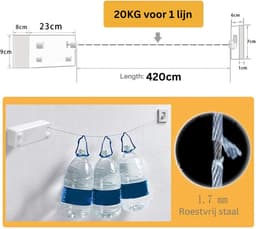 ApexArte® Waslijn Uittrekbaar - Wanddroogrek - Wasdraad - Wit — thumbnail 5