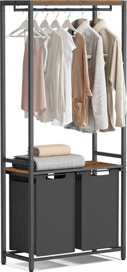 MIRA Home Wasmand met Kledingrek - Wassorteerder 2 Vakken 2x46 Liter - Zwart/Bruin - 73x33x177 cm — thumbnail 1
