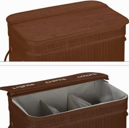 ENGLISH HOME 100L opvouwbare 3-compartimenten wasmand met deksel, wasmand met uitneembare voering, opberg organizer, wasmanden voor wasgoed badkamer, bamboe 52x32x60 cm Bruin — thumbnail 3
