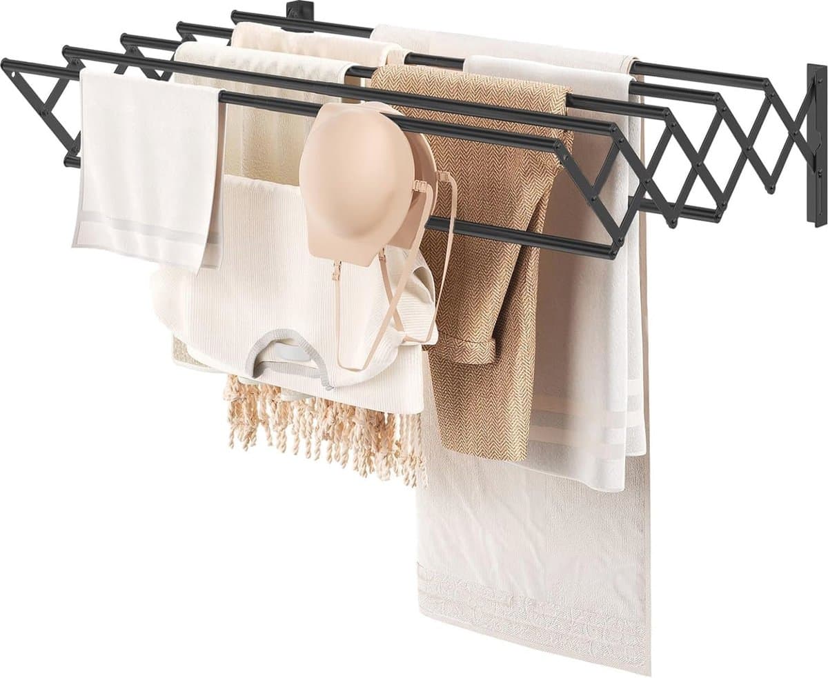 Opvouwbare kledingluchter - wandmontage kledingrek - intrekbare handdoekhouder - badkamer handdoekenrek - droogrek voor binnen - opvouwbaar sterk metaal - zwart L - ruimtebesparend - duurzaam — afbeelding 1