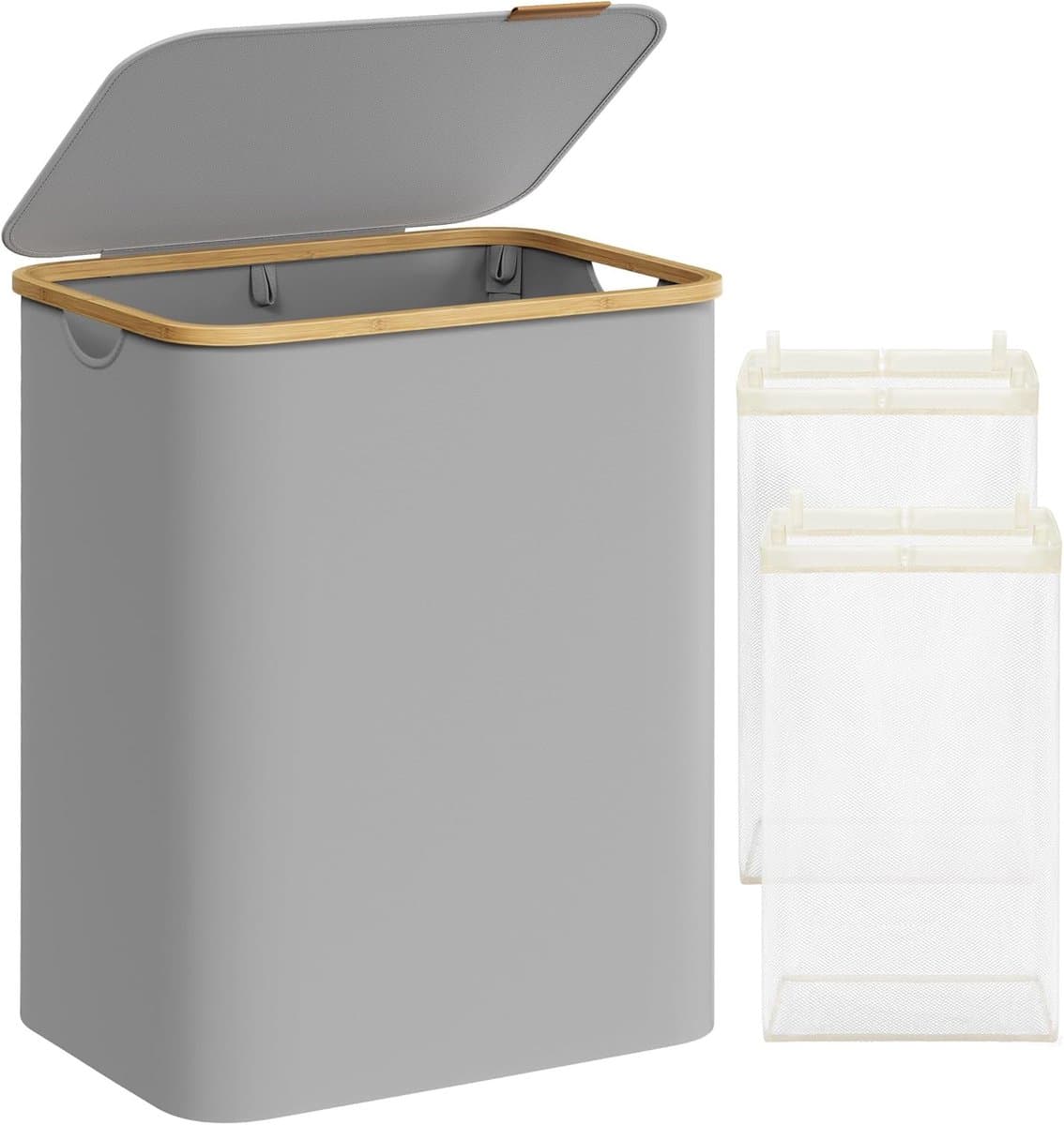 SONGMICS Wasmand met 2 vakken, 130 l, wasverzamelaar met deksel, opvouwbaar, uitneembare waszak, Oxford-weefsel, handgrepen van bamboe, inklapbaar, 52 x 38,5 x 70,5 cm, duifgrijs LCB513G01 — afbeelding 1