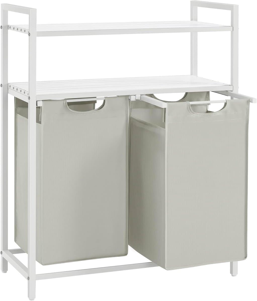 Vasagle Wasmand, wassorteerder met 2 uittrekbare en verwijderbare zakken, 2 planken, 46 l inhoud per zak, voor de wasruimte, wit — afbeelding 1