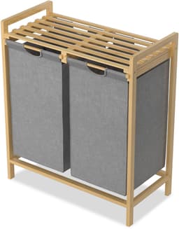 Wasmand van Oxford-weefsel, 2 x 36 liter, 2 vakken, afneembare wasverzamelaar met plank en bamboeframe, waszak, uittrekbaar, efficiënte wasopslag voor bijkeuken, grijs NAIZY — thumbnail 1