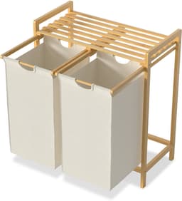 Wasmand van Oxford-weefsel, 2 x 36 liter, 2 vakken, afneembare wasverzamelaar met plank en bamboeframe, waszak, uittrekbaar, efficiënte wasopslag voor bijkeuken, beige NAIZY — thumbnail 1
