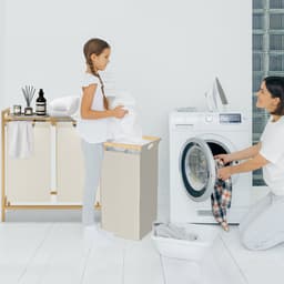 Wasmand van Oxford-weefsel, 2 x 36 liter, 2 vakken, afneembare wasverzamelaar met plank en bamboeframe, waszak, uittrekbaar, efficiënte wasopslag voor bijkeuken, beige NAIZY — thumbnail 3