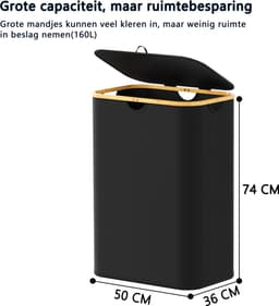 SpaceAid Dubbele Wasmand - 2 Vakken - Met Deksel & Afneembare Tassen - 160L - Opvouwbaar - Bamboe Handvatten - Zwart — thumbnail 2