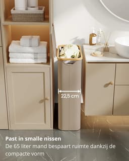 Novendo Goods – Slanke 65L wasmand met deksel & verwijderbare waszak - Opvouwbare wasverzamelaar met bamboe handgrepen voor smalle ruimtes & wasruimte — thumbnail 5