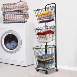 Wasmand op wieltjes - Wasopslag mand - Vuile was sorteren - Drie aparte vakken - 123 cm hoog - zwart — thumbnail 2