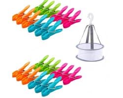 Wasknijpers - met droogmandje - zes stuks van elke kleur: groen, blauw, oranje en roze.