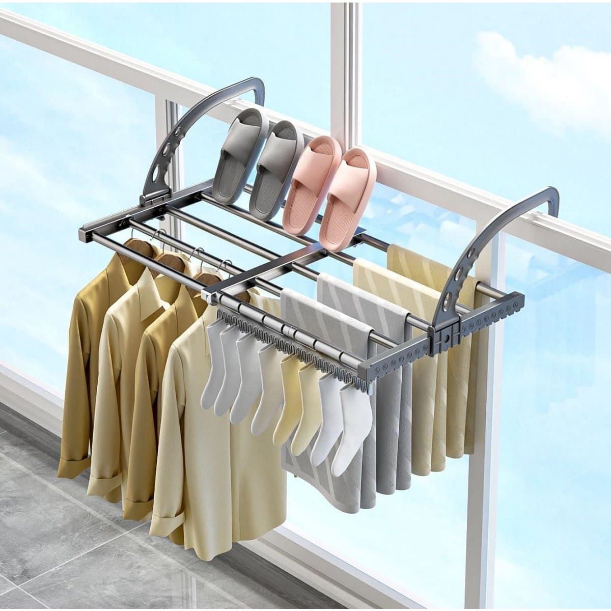 GELLDG Klein wasrek geschikt voor op het balkon - Uitschuifbaar en opvouwbaar - Wasrek voor radiator - Wandwasrek - Geschikt voor binnen- en buitengebruik - 38-55 cm - Inclusief winddicht sokkenrek — afbeelding 1