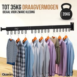 Quaran Droogrek - Kledingrek - Wasrek - Kledingroede - Kledingstang - Wanddroogrek - Droogrek muur - Hangdroogrek - Wasrek hangend - Wasrek muur - Wandkapstok - Inklapbaar — thumbnail 3