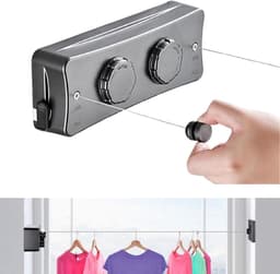 Waslijn, uittrekbaar, balkon, wandmontage, intrekbare waslijn zonder boren, met 5,1 m x 2 roestvrij staal, wandwaslijn om uit te trekken, voor hotel, bijkeuken — thumbnail 1