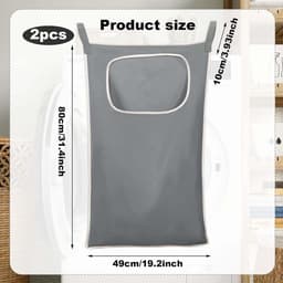 Waszakken om aan de deur op te hangen, compact en ruim met haken van roestvrij staal en ritssluiting, wasmand organizer voor badkamer, slaapkamer, kinderen, muur (grijs) — thumbnail 5