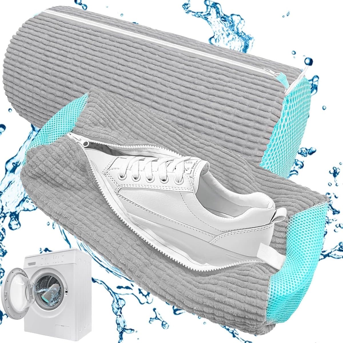 2 stuks schoenen waszak, sneakers, schoenen voor wasmachine, 39 x 19 cm, schoenwaszak, herbruikbare waszak, met ritssluiting, schoenen waszak, netschoenen waszak voor sneakers (grijs) — afbeelding 1